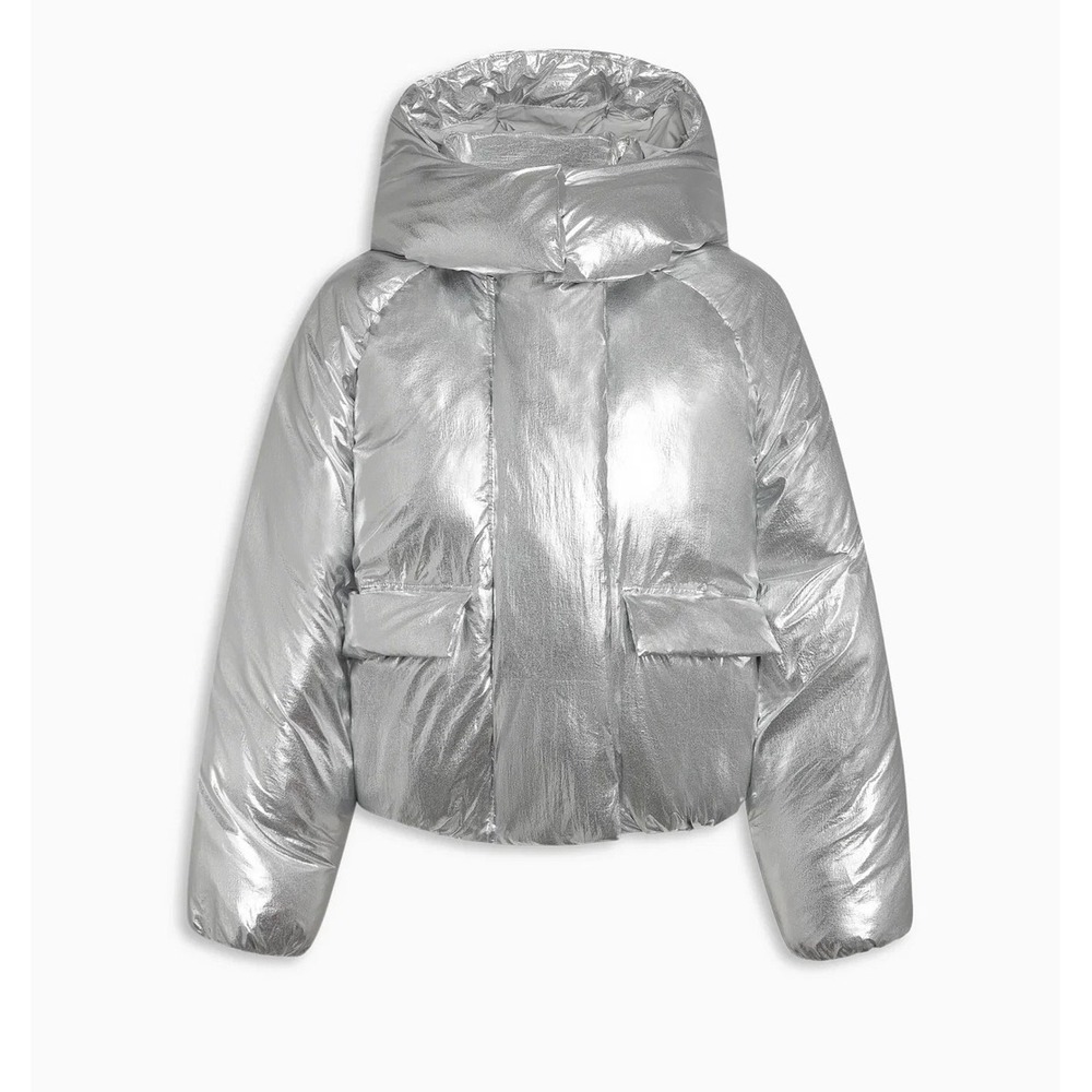 KHY Kylie Jenner Standard Puffer Jacket XXS Silver Metallic Oversized Hooded